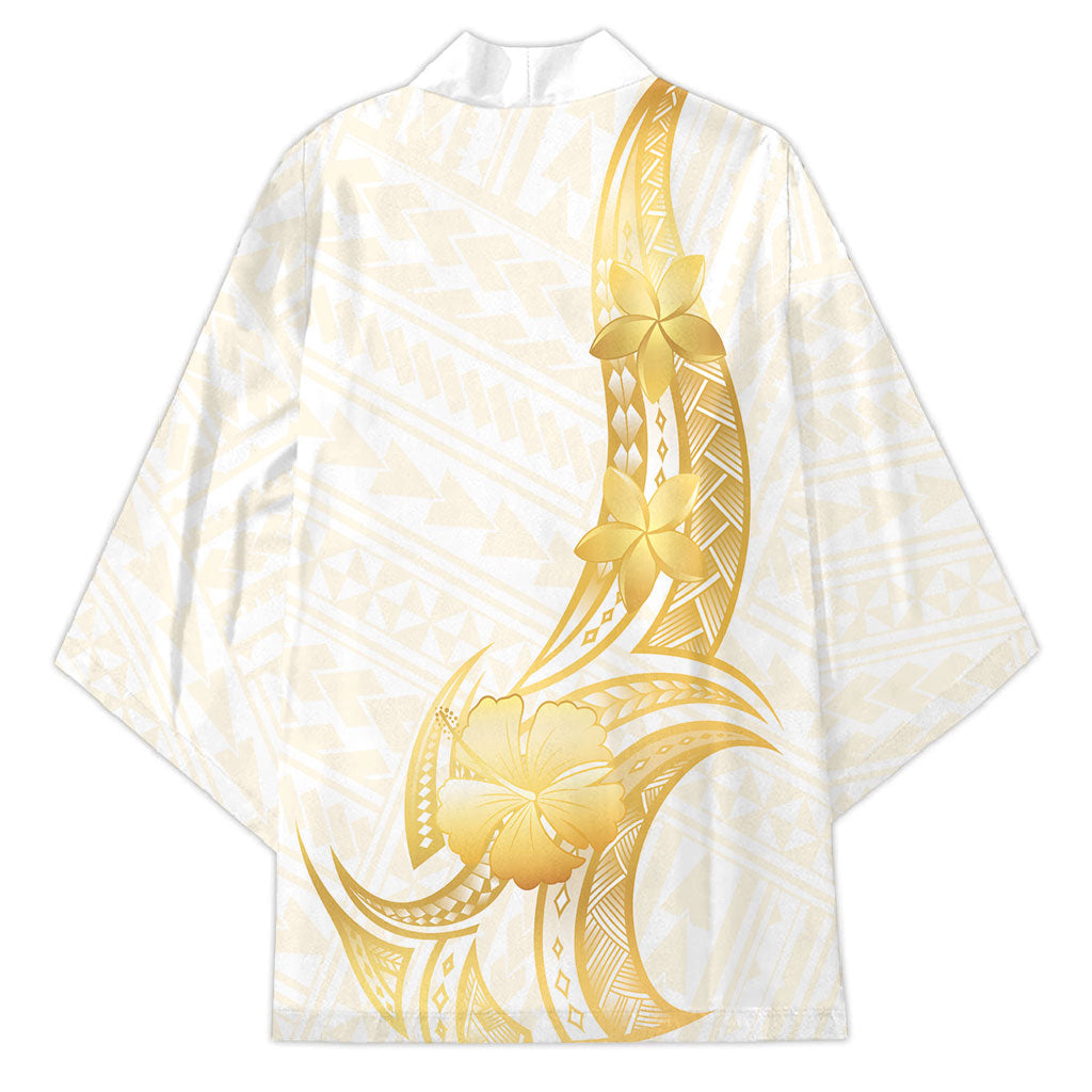 Polynesia White Sunday Kimono Polynesian Tattoo Plumeria Hibiscus Gold