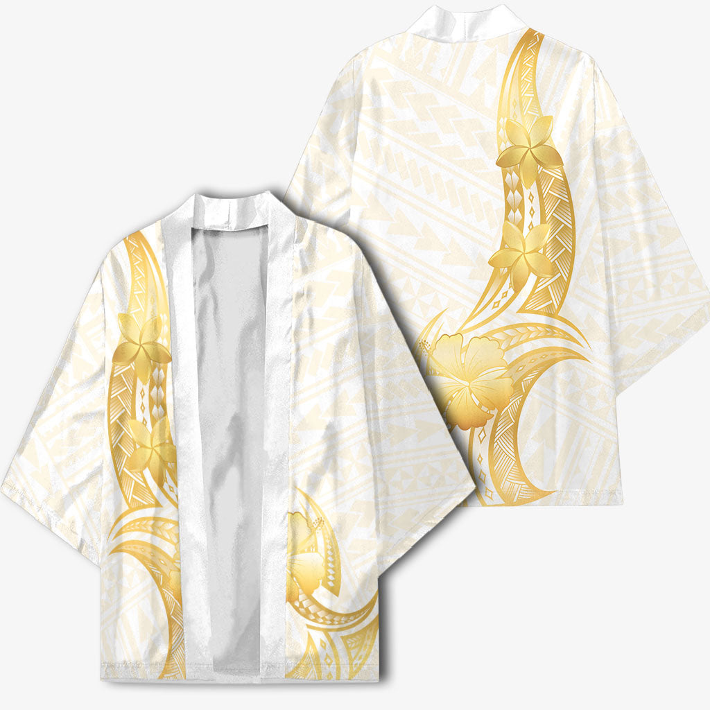 Polynesia White Sunday Kimono Polynesian Tattoo Plumeria Hibiscus Gold