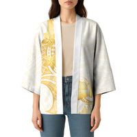 Polynesia White Sunday Kimono Polynesian Tattoo Plumeria Hibiscus Gold