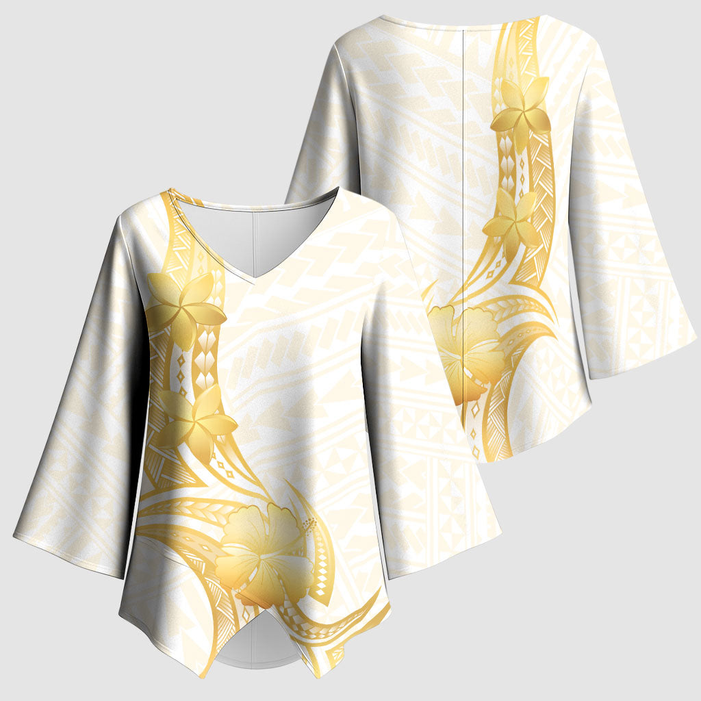 Polynesia White Sunday Kimono Sleeve Blouse Polynesian Tattoo Plumeria Hibiscus Gold