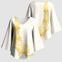 Polynesia White Sunday Kimono Sleeve Blouse Polynesian Tattoo Plumeria Hibiscus Gold