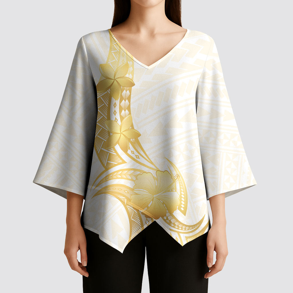 Polynesia White Sunday Kimono Sleeve Blouse Polynesian Tattoo Plumeria Hibiscus Gold