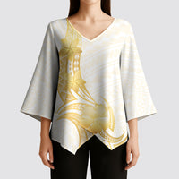 Polynesia White Sunday Kimono Sleeve Blouse Polynesian Tattoo Plumeria Hibiscus Gold