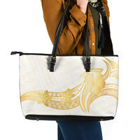 Polynesia White Sunday Leather Tote Bag Polynesian Tattoo Plumeria Hibiscus Gold