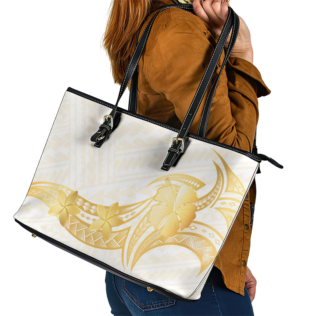 Polynesia White Sunday Leather Tote Bag Polynesian Tattoo Plumeria Hibiscus Gold