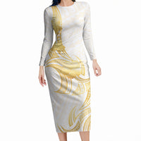 Polynesia White Sunday Long Sleeve Bodycon Dress Polynesian Tattoo Plumeria Hibiscus Gold
