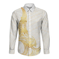 Polynesia White Sunday Long Sleeve Button Shirt Polynesian Tattoo Plumeria Hibiscus Gold