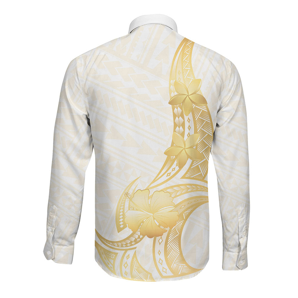 Polynesia White Sunday Long Sleeve Button Shirt Polynesian Tattoo Plumeria Hibiscus Gold