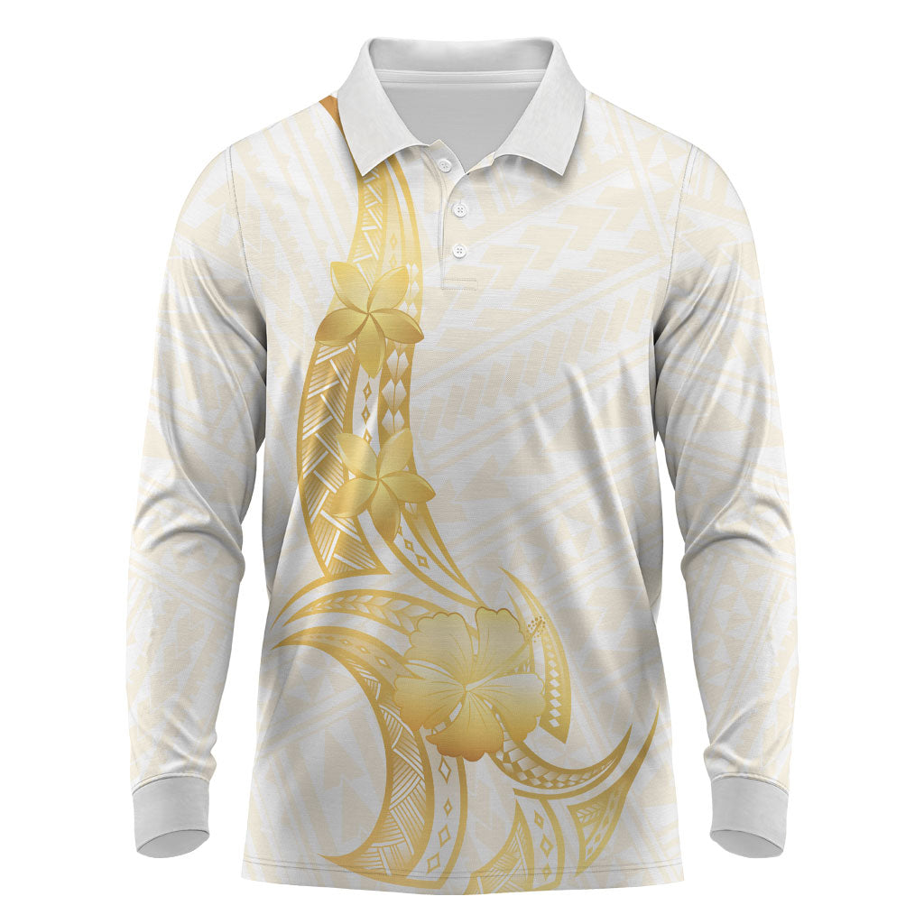 Polynesia White Sunday Long Sleeve Polo Shirt Polynesian Tattoo Plumeria Hibiscus Gold