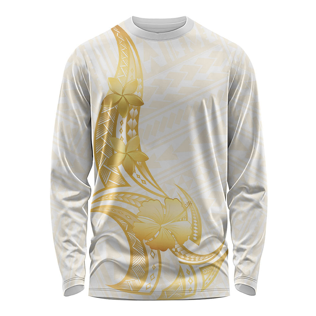 Polynesia White Sunday Long Sleeve Shirt Polynesian Tattoo Plumeria Hibiscus Gold