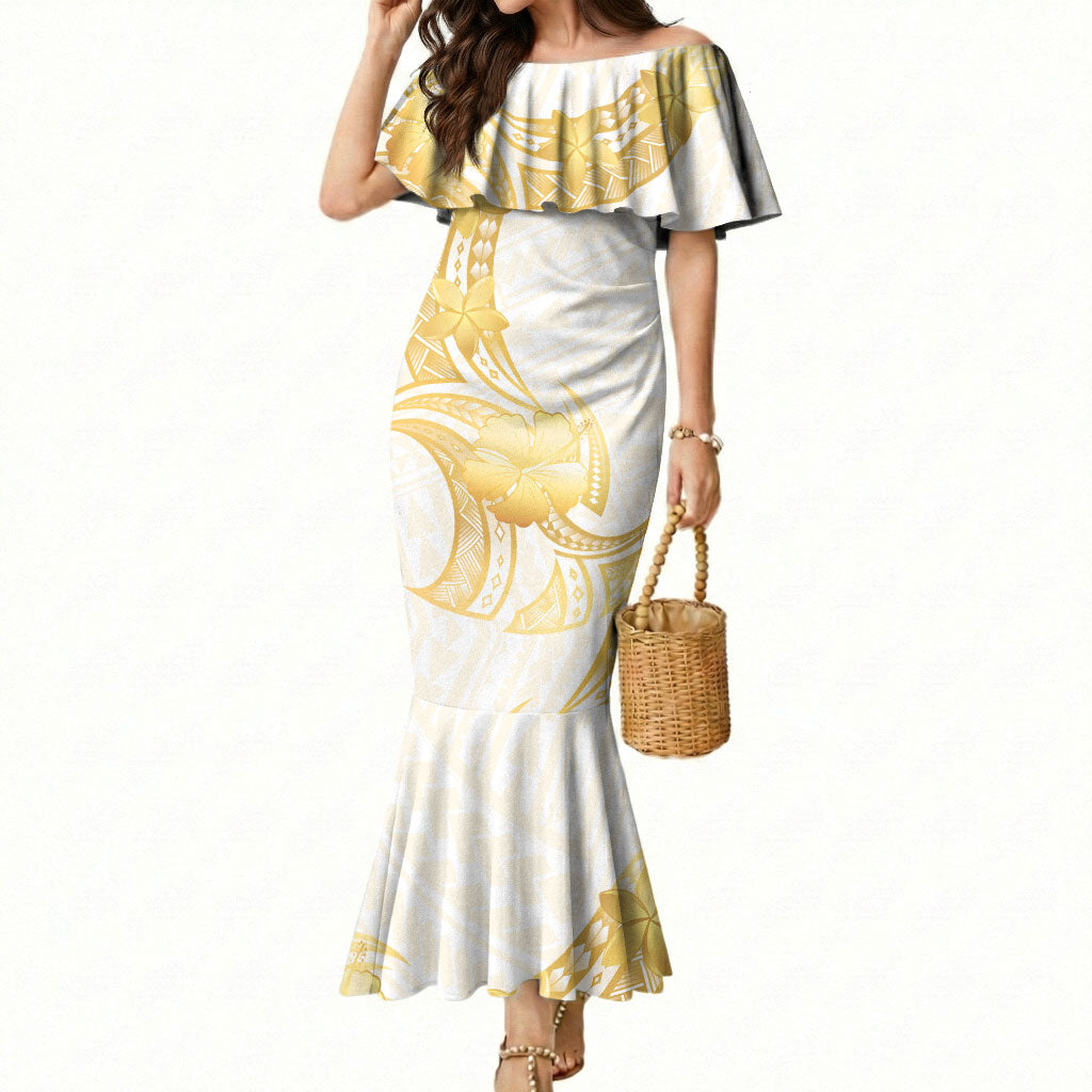 Polynesia White Sunday Mermaid Dress Polynesian Tattoo Plumeria Hibiscus Gold