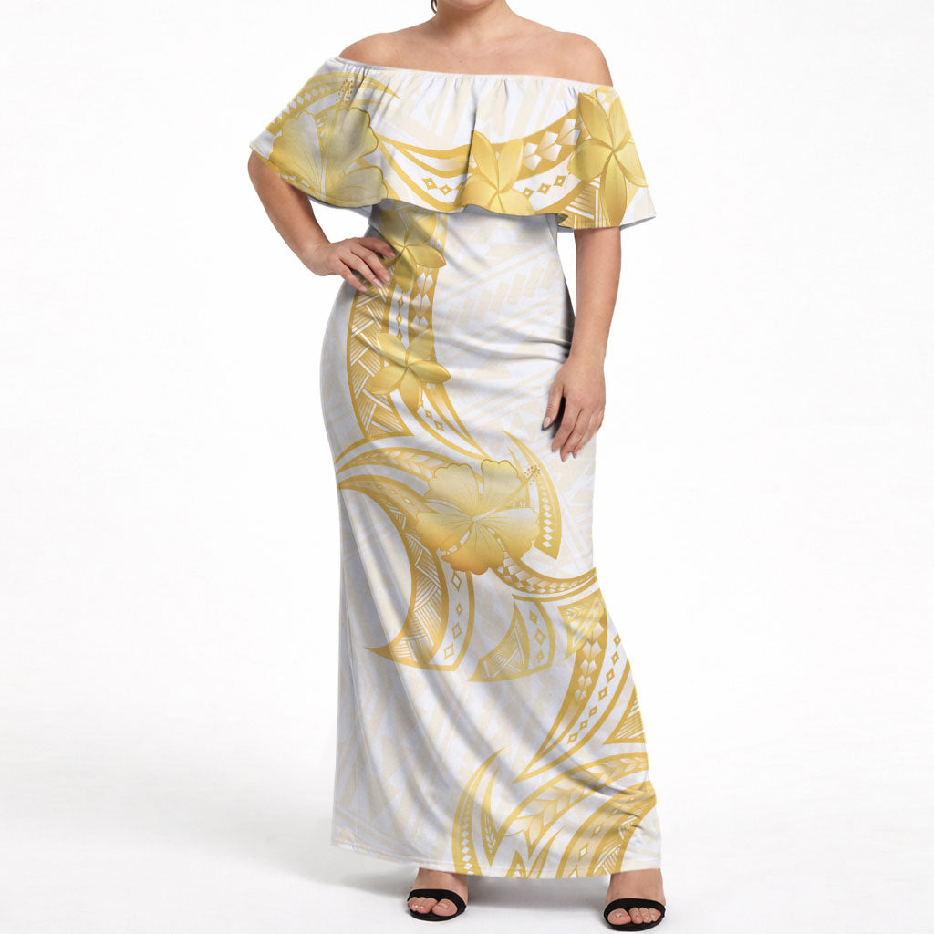 Polynesia White Sunday Off Shoulder Maxi Dress Polynesian Tattoo Plumeria Hibiscus Gold