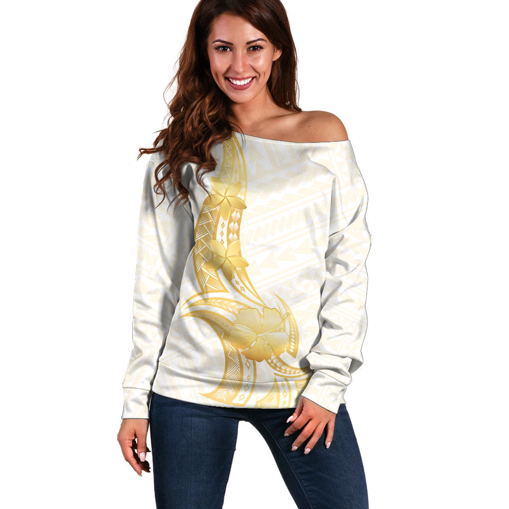 Polynesia White Sunday Off Shoulder Sweater Polynesian Tattoo Plumeria Hibiscus Gold
