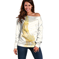 Polynesia White Sunday Off Shoulder Sweater Polynesian Tattoo Plumeria Hibiscus Gold