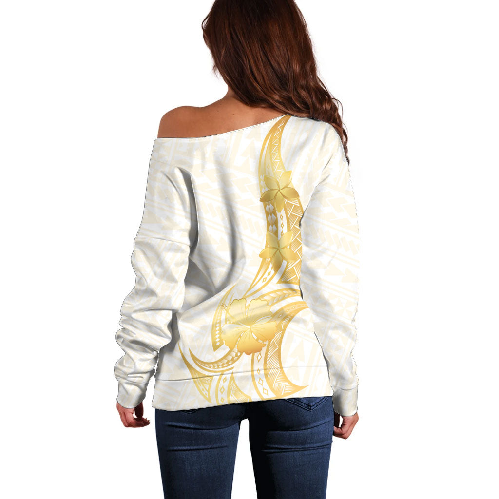 Polynesia White Sunday Off Shoulder Sweater Polynesian Tattoo Plumeria Hibiscus Gold