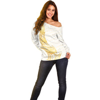 Polynesia White Sunday Off Shoulder Sweater Polynesian Tattoo Plumeria Hibiscus Gold