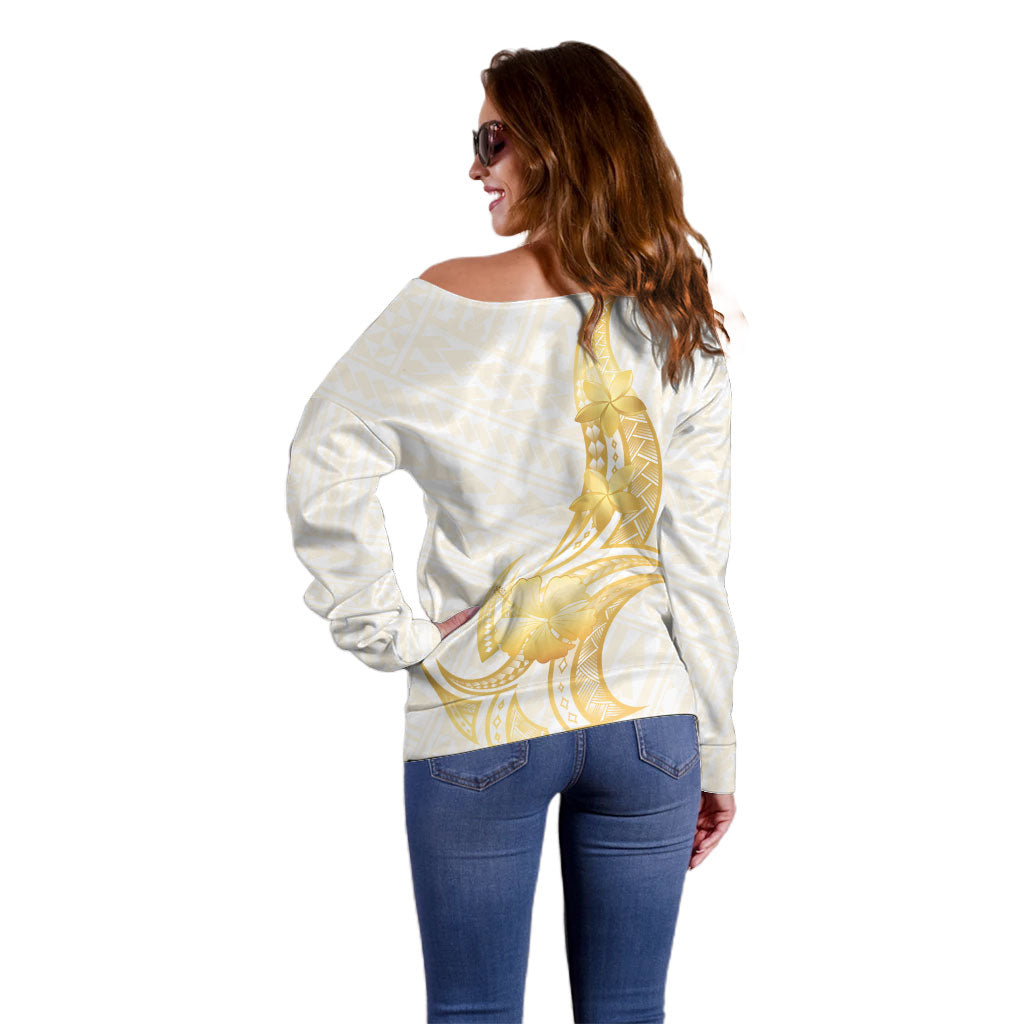 Polynesia White Sunday Off Shoulder Sweater Polynesian Tattoo Plumeria Hibiscus Gold