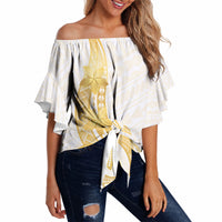 Polynesia White Sunday Off Shoulder Wrap Waist Top Polynesian Tattoo Plumeria Hibiscus Gold