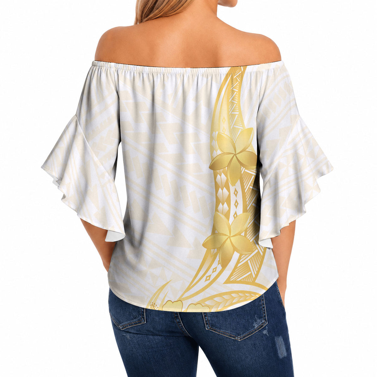 Polynesia White Sunday Off Shoulder Wrap Waist Top Polynesian Tattoo Plumeria Hibiscus Gold