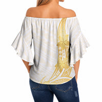 Polynesia White Sunday Off Shoulder Wrap Waist Top Polynesian Tattoo Plumeria Hibiscus Gold