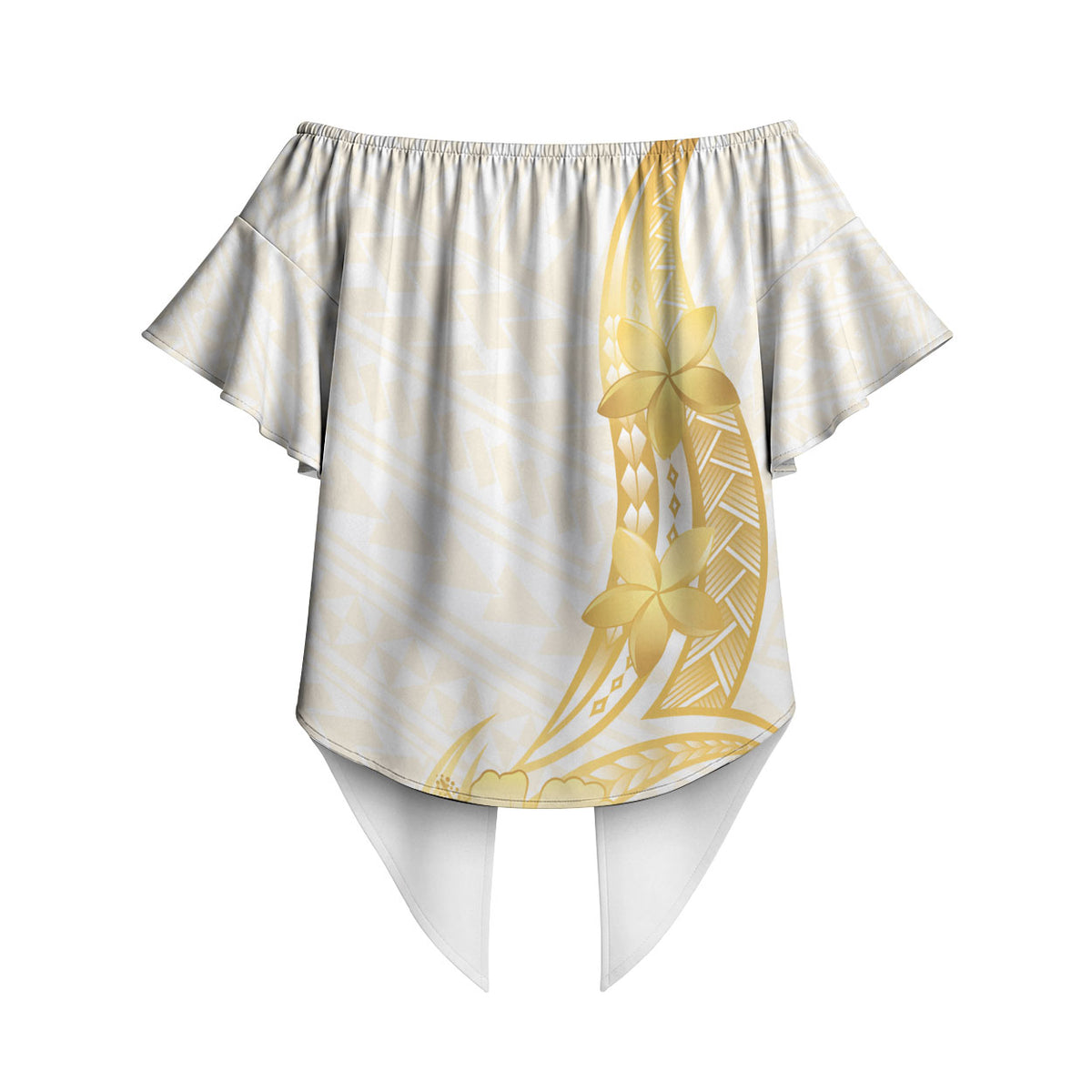 Polynesia White Sunday Off Shoulder Wrap Waist Top Polynesian Tattoo Plumeria Hibiscus Gold