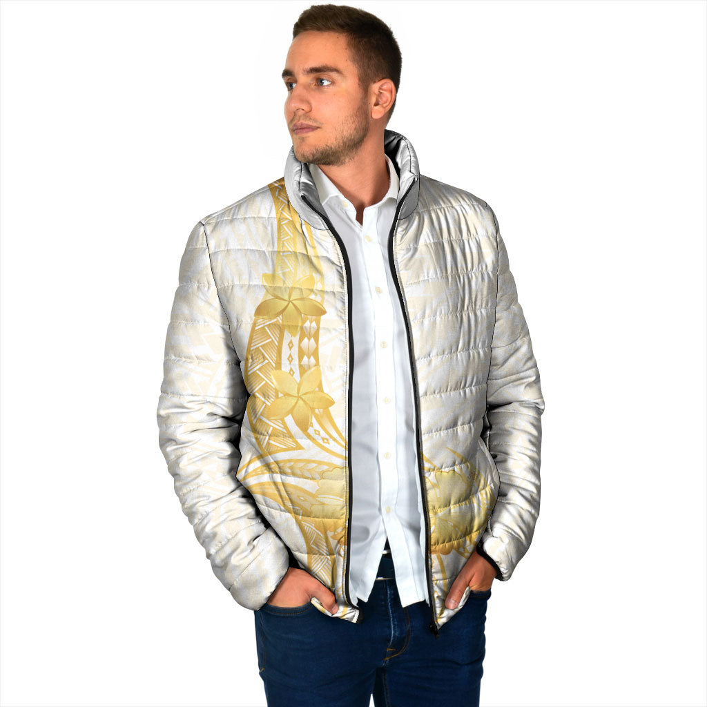 Polynesia White Sunday Padded Jacket Polynesian Tattoo Plumeria Hibiscus Gold