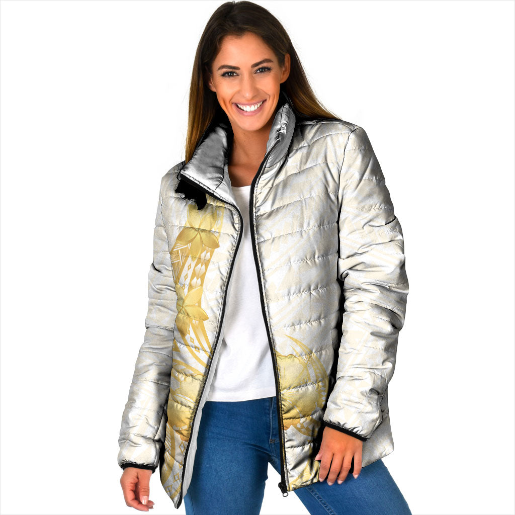 Polynesia White Sunday Padded Jacket Polynesian Tattoo Plumeria Hibiscus Gold