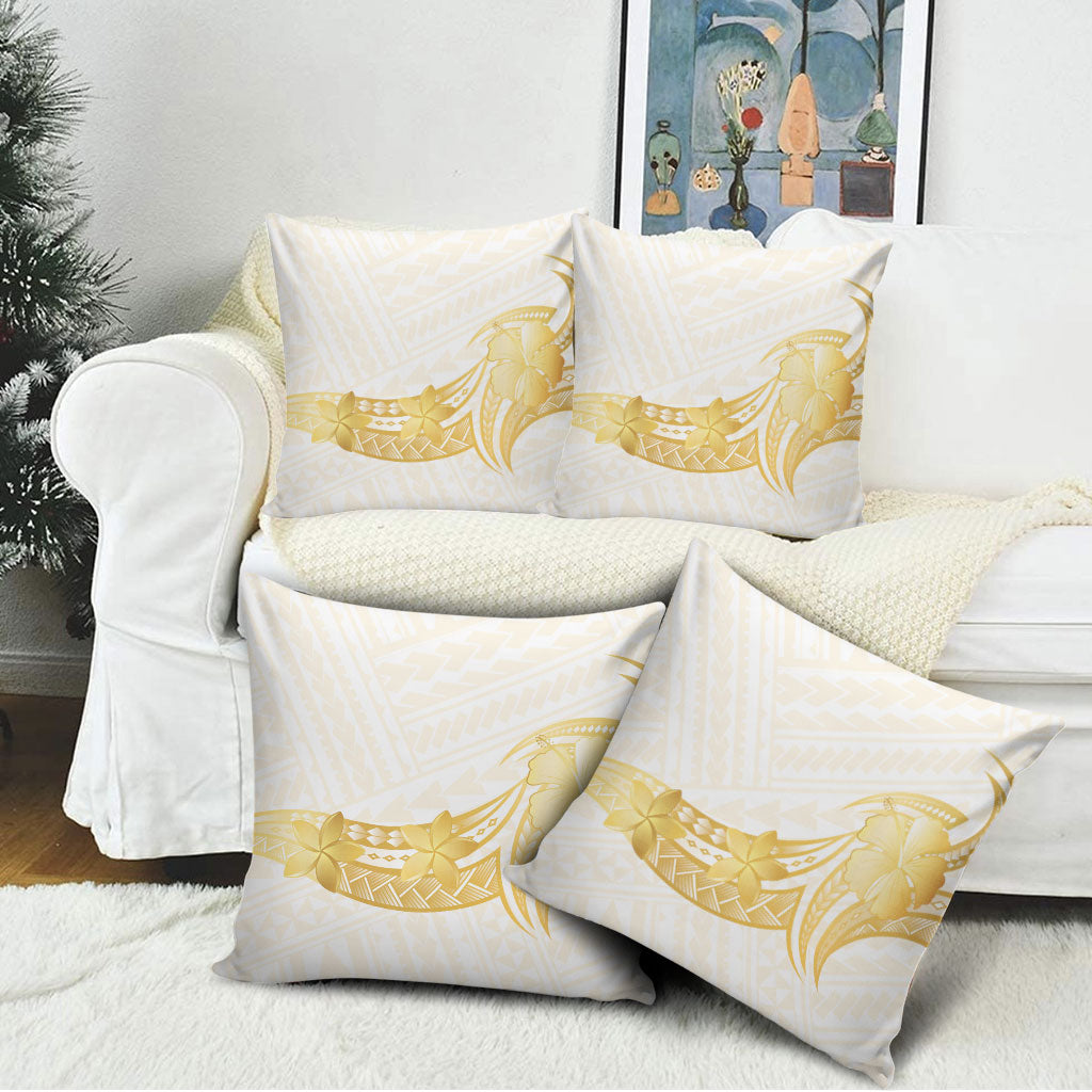 Polynesia White Sunday Pillow Cover Polynesian Tattoo Plumeria Hibiscus Gold