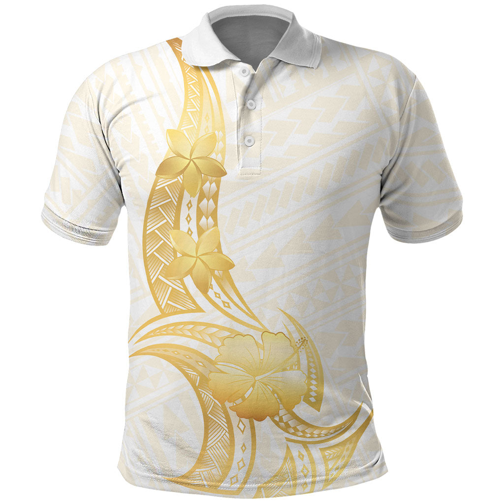 Polynesia White Sunday Polo Shirt Polynesian Tattoo Plumeria Hibiscus Gold