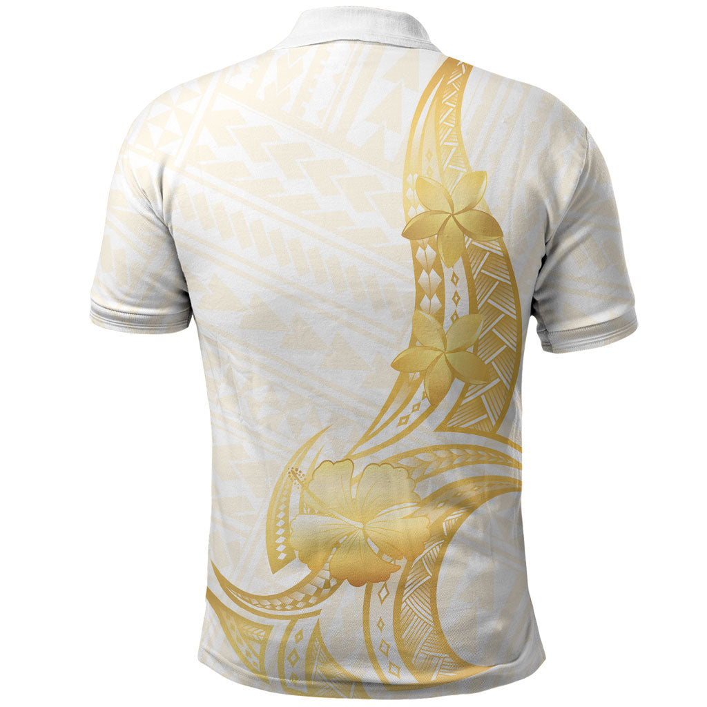 Polynesia White Sunday Polo Shirt Polynesian Tattoo Plumeria Hibiscus Gold
