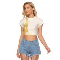 Polynesia White Sunday Raglan Cropped T Shirt Polynesian Tattoo Plumeria Hibiscus Gold