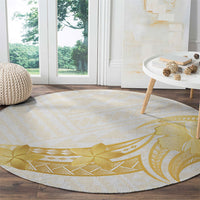 Polynesia White Sunday Round Carpet Polynesian Tattoo Plumeria Hibiscus Gold