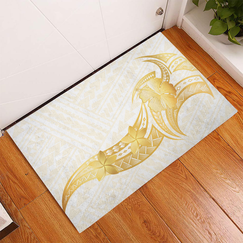 Polynesia White Sunday Rubber Doormat Polynesian Tattoo Plumeria Hibiscus Gold