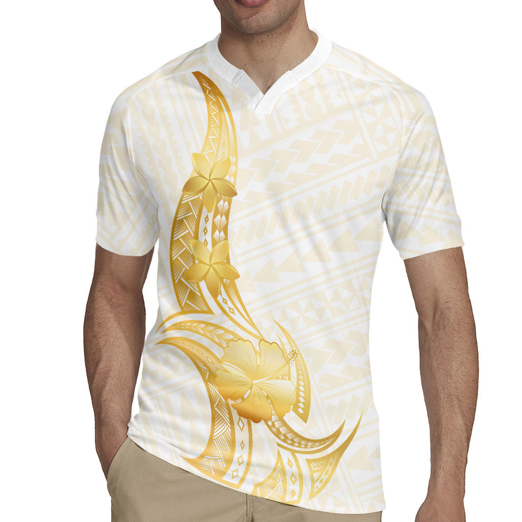 Polynesia White Sunday Rugby Jersey Polynesian Tattoo Plumeria Hibiscus Gold