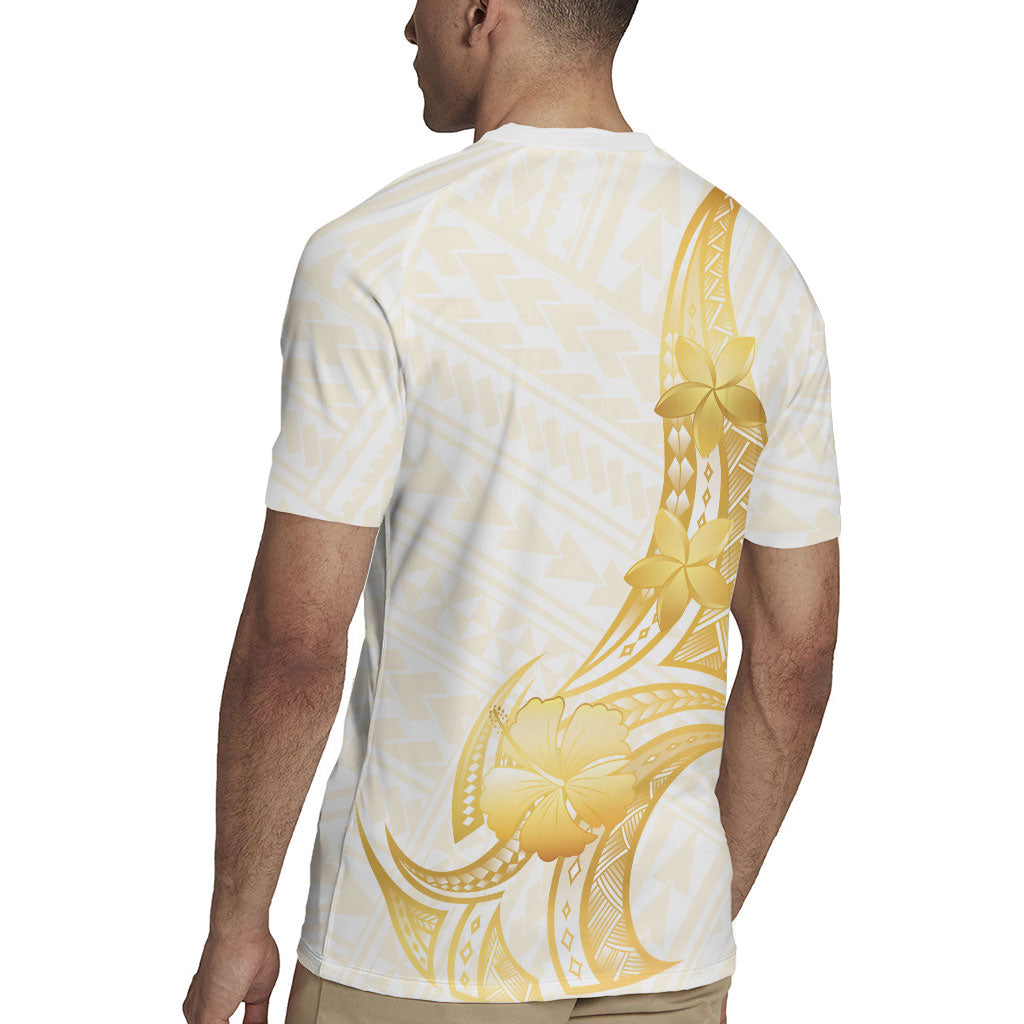 Polynesia White Sunday Rugby Jersey Polynesian Tattoo Plumeria Hibiscus Gold