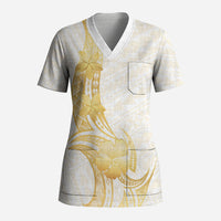 Polynesia White Sunday Scrub Top Polynesian Tattoo Plumeria Hibiscus Gold