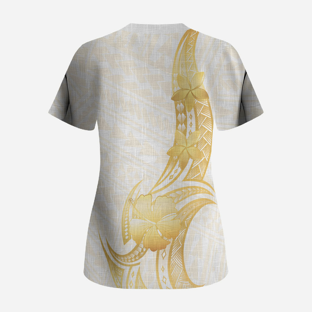 Polynesia White Sunday Scrub Top Polynesian Tattoo Plumeria Hibiscus Gold