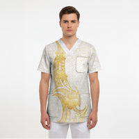 Polynesia White Sunday Scrub Top Polynesian Tattoo Plumeria Hibiscus Gold