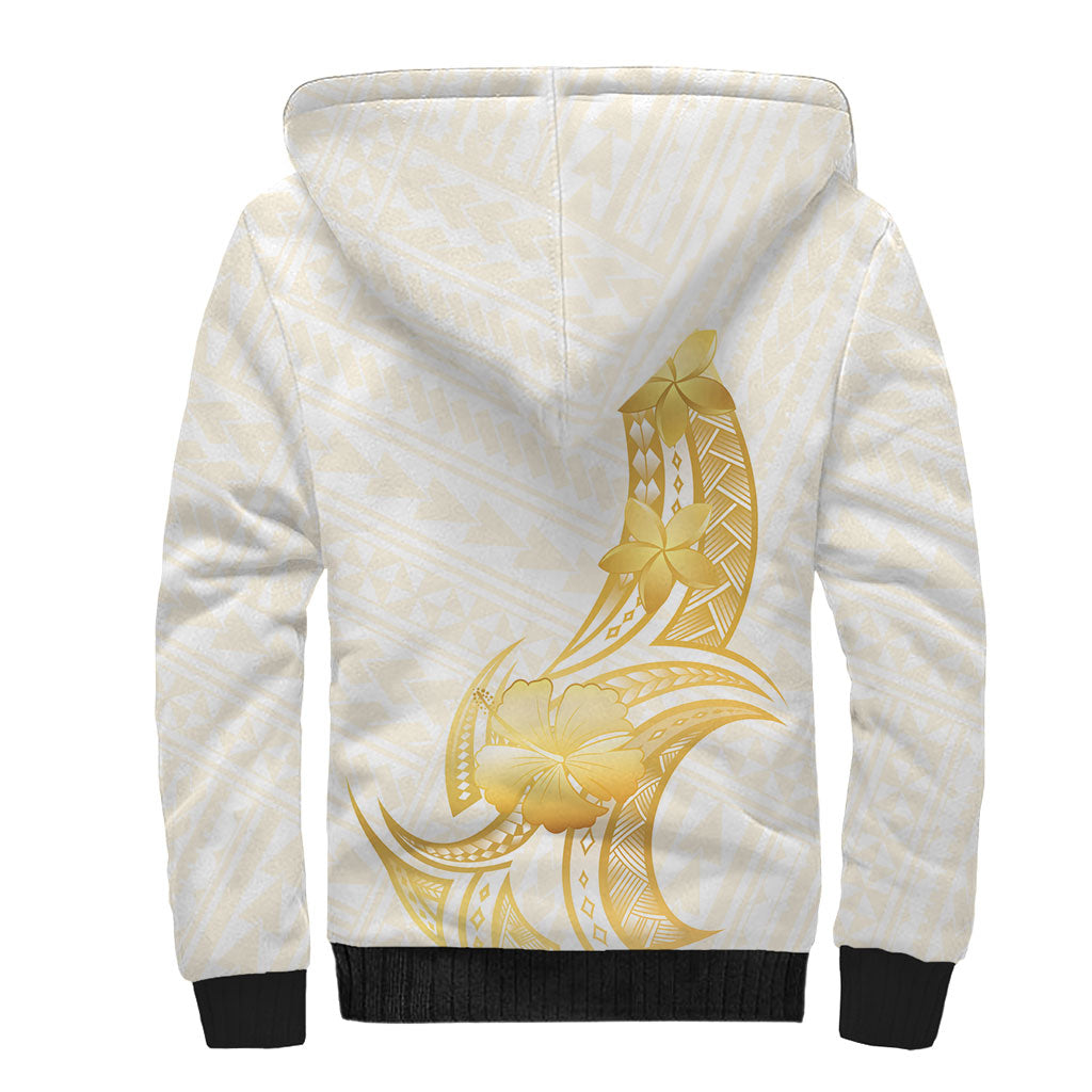Polynesia White Sunday Sherpa Hoodie Polynesian Tattoo Plumeria Hibiscus Gold