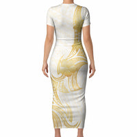 Polynesia White Sunday Short Sleeve Bodycon Dress Polynesian Tattoo Plumeria Hibiscus Gold
