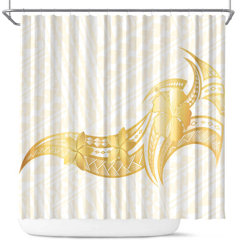 Polynesia White Sunday Shower Curtain Polynesian Tattoo Plumeria Hibiscus Gold