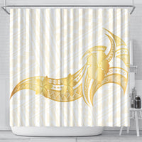 Polynesia White Sunday Shower Curtain Polynesian Tattoo Plumeria Hibiscus Gold