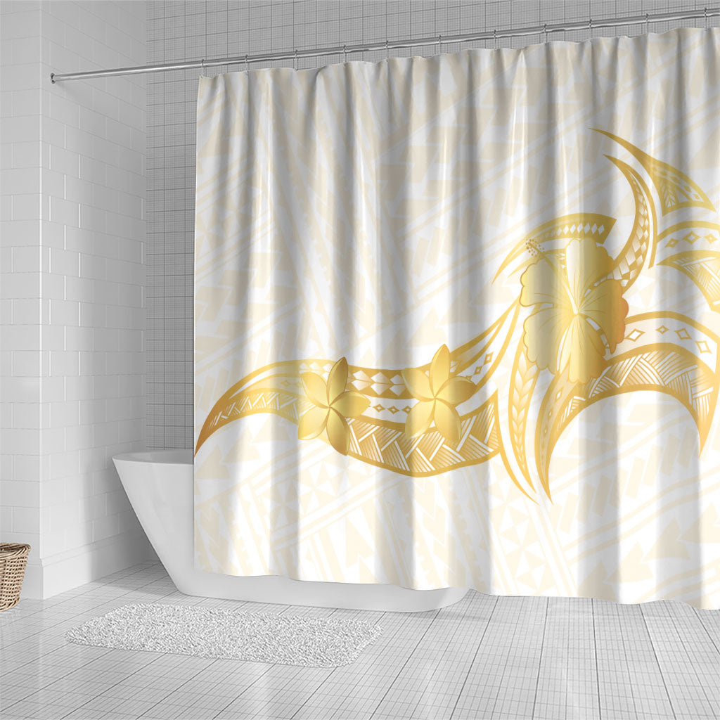 Polynesia White Sunday Shower Curtain Polynesian Tattoo Plumeria Hibiscus Gold