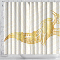 Polynesia White Sunday Shower Curtain Polynesian Tattoo Plumeria Hibiscus Gold