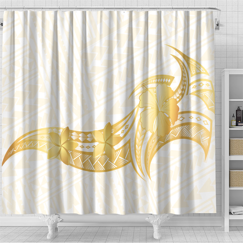 Polynesia White Sunday Shower Curtain Polynesian Tattoo Plumeria Hibiscus Gold