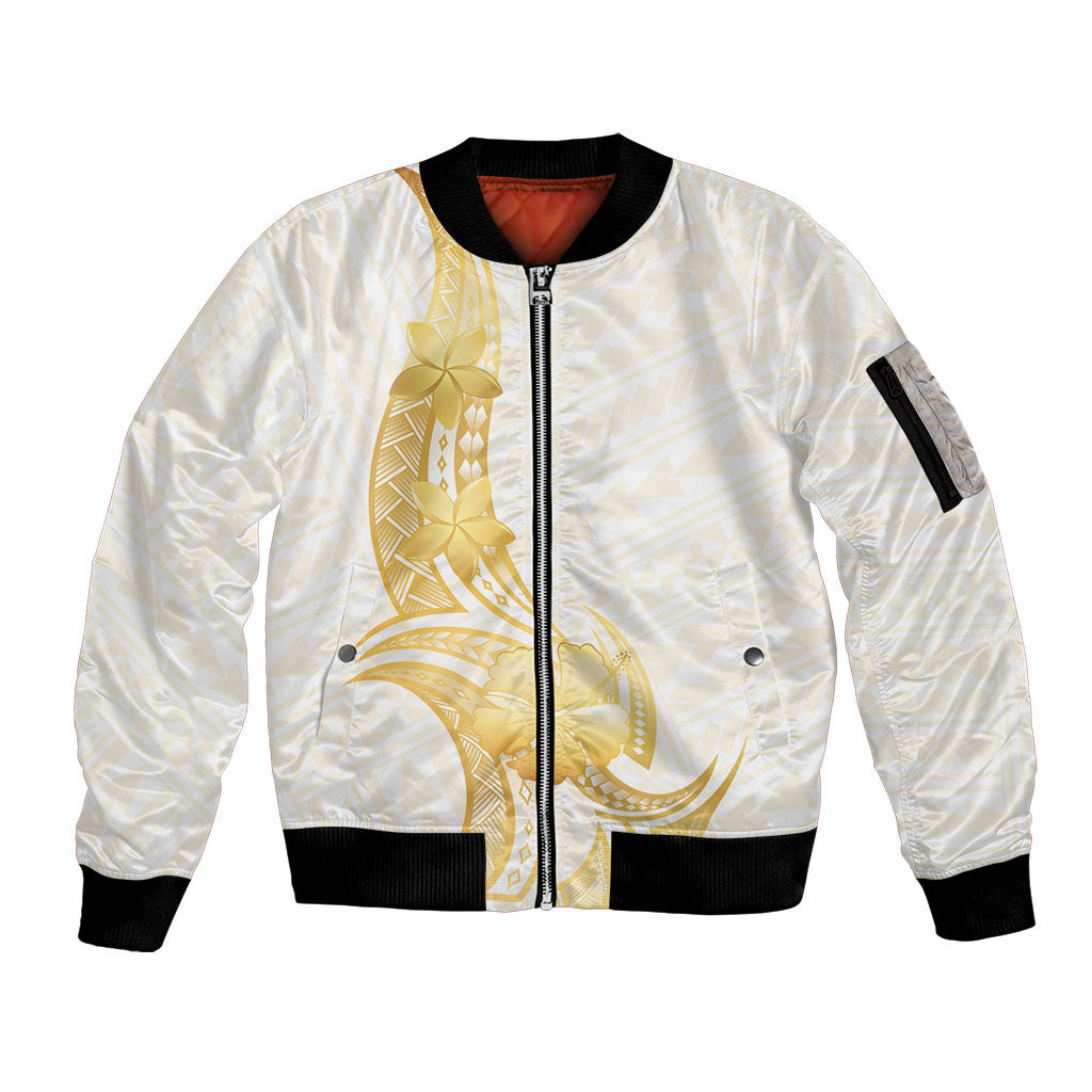 Polynesia White Sunday Sleeve Zip Bomber Jacket Polynesian Tattoo Plumeria Hibiscus Gold