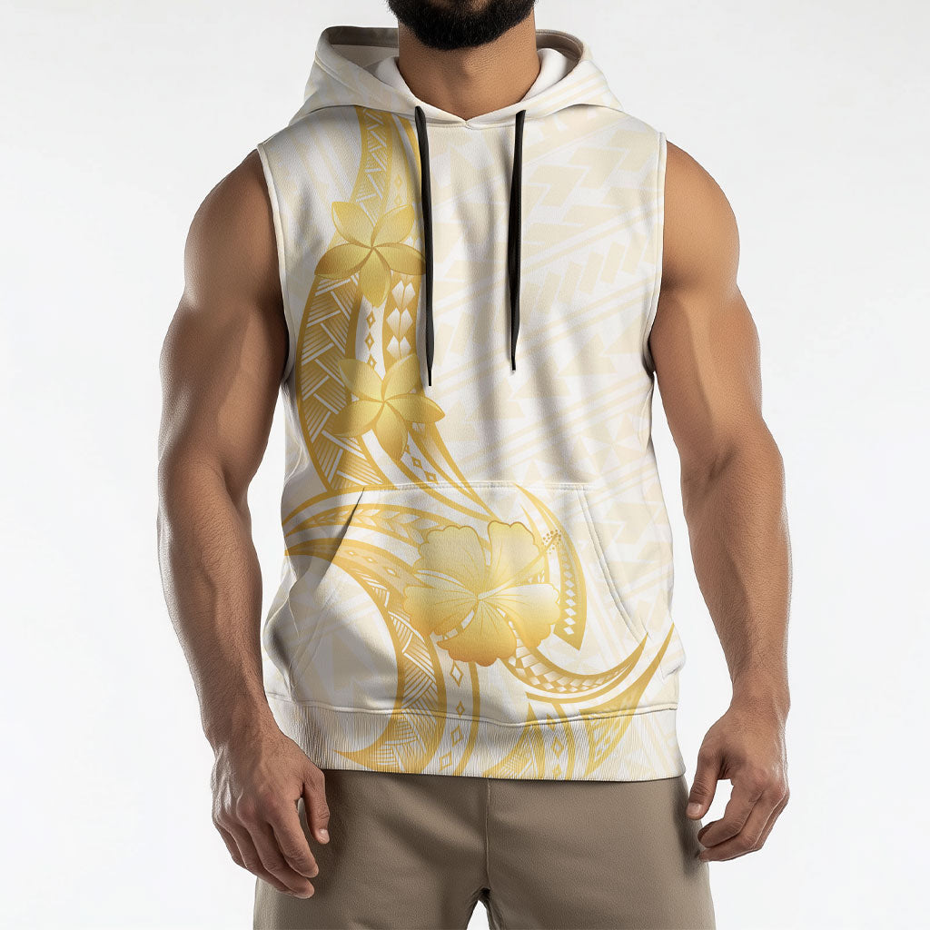 Polynesia White Sunday Sleeveless Hoodie Polynesian Tattoo Plumeria Hibiscus Gold