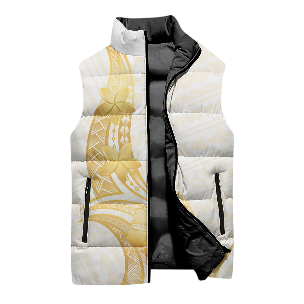 Polynesia White Sunday Sleeveless Puffer Jacket Polynesian Tattoo Plumeria Hibiscus Gold