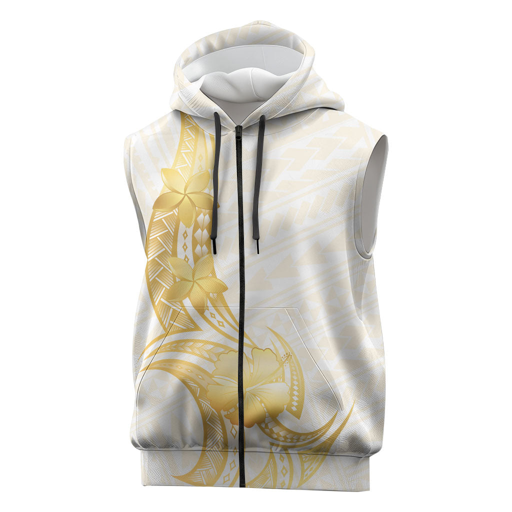 Polynesia White Sunday Sleeveless Zip Hoodie Polynesian Tattoo Plumeria Hibiscus Gold