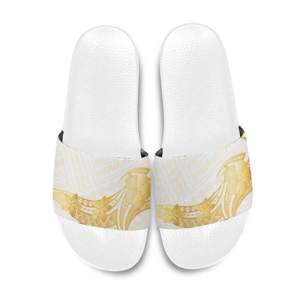 Polynesia White Sunday Slide Sandals Polynesian Tattoo Plumeria Hibiscus Gold